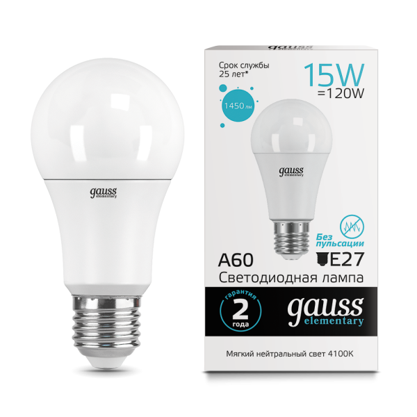 Лампа Gauss LED Elementary  15W А60 E27 3000K ТЦ Евроремонт