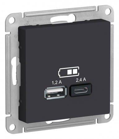 Schneider Electric ATLASDESIGN USB РОЗЕТКА A+С, 5В/2,4А, 2х5В/1,2 А, механизм, КАРБОН ТЦ Евроремонт